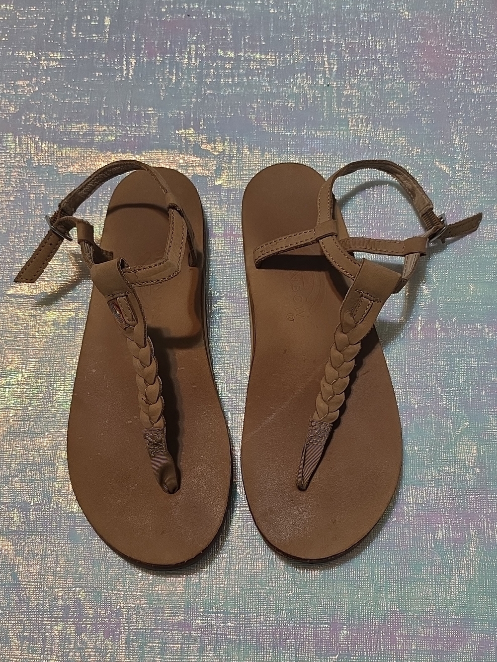 Rainbow Brown Braided T-Strap Sandals